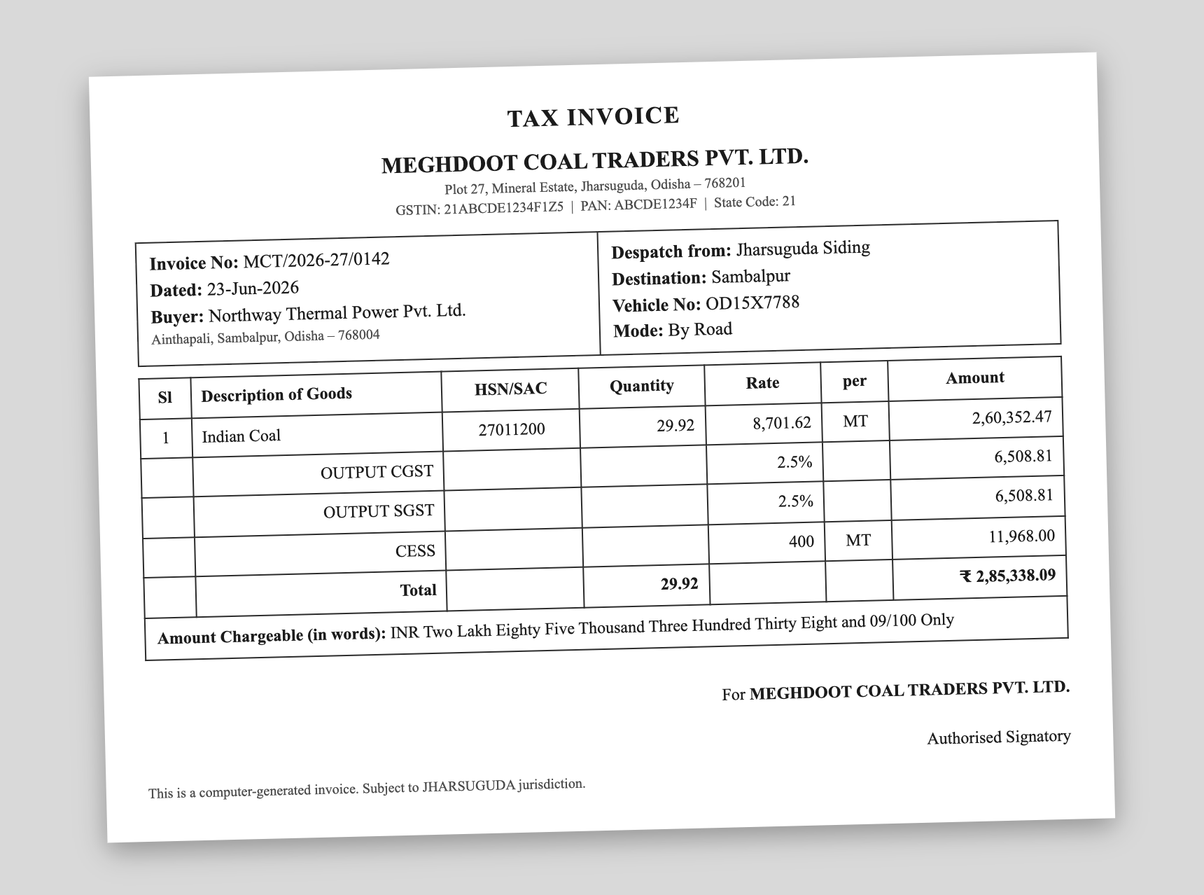 Scanned coal-haulage invoice — an image-only PDF with no selectable text